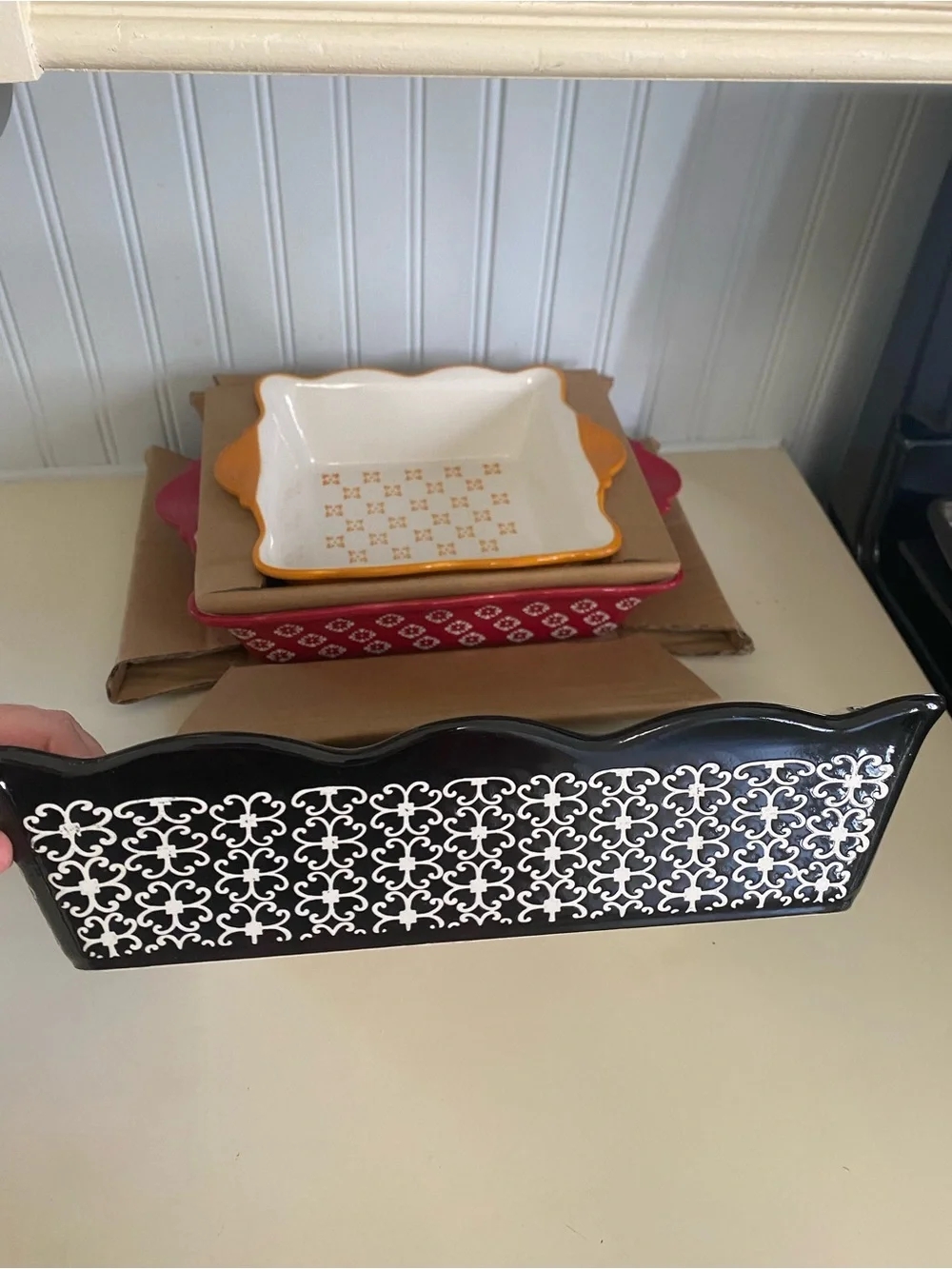Set of 3 Stackable Festive Rectangle Ceramic Baking Dishes - Orange, Red, Black